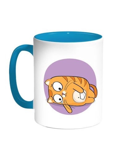 Cat Expression Graphics Printed Coffee Mug Blue/White/Yellow 11ounce