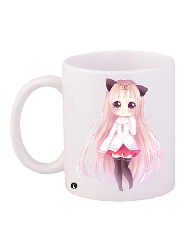 Anime Girl Printed Coffee Mug 325ml White/Pink/Brown 11ounce