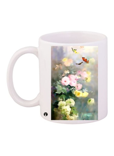 Floral Printed Coffee Mug White/Green/Yellow 11ounce