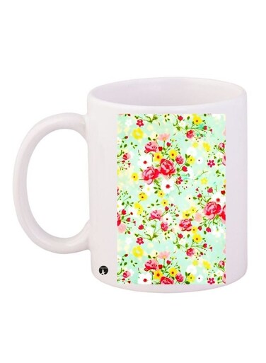 Flowers Printed Coffee Mug White/Green/Pink 11ounce