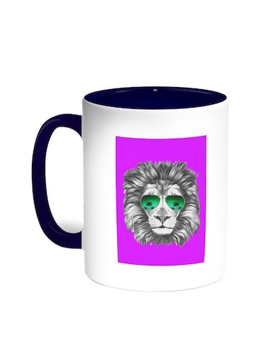 A Lion Wearing Glasses Printed Coffee Mug Blue White 11 ounce