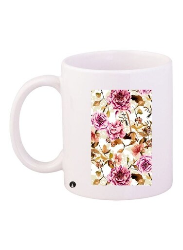 Flower Printed Coffee Mug White/Pink/Brown 11ounce