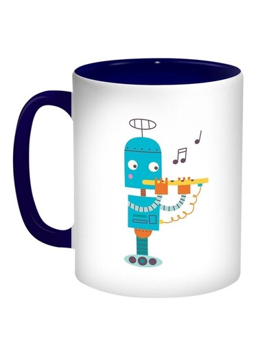 Caricature Robot Printed Coffee Mug Blue/White/Yellow 11ounce
