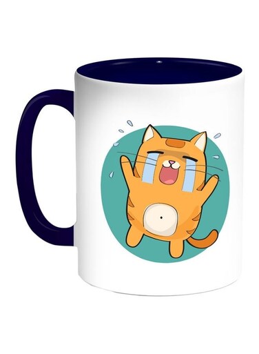 Cat Expression Graphics Printed Coffee Mug Blue/White/Yellow 11ounce