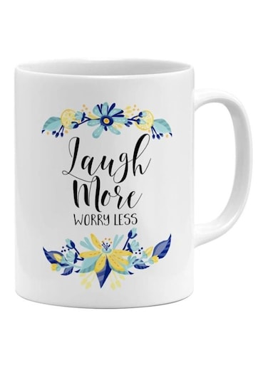 Laugh More Worry Less Printed Mug White/Blue/Yellow