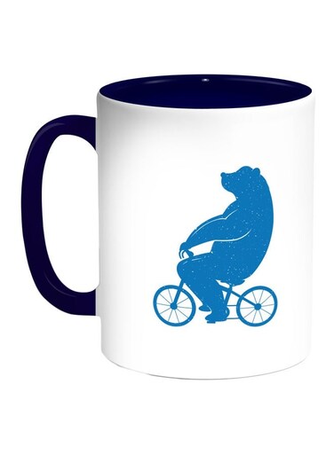 Bear Driving A Bicycle Printed Coffee Mug Blue/White 11ounce
