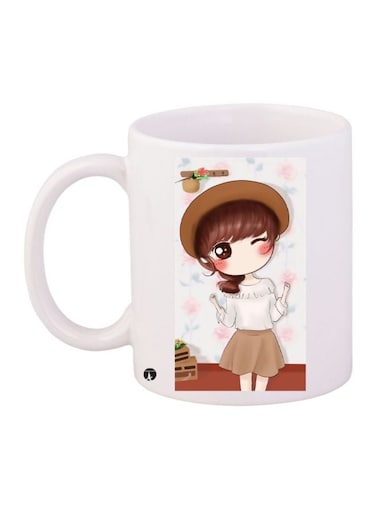 Cartoon Girl Printed Coffee Mug White/Brown/Pink