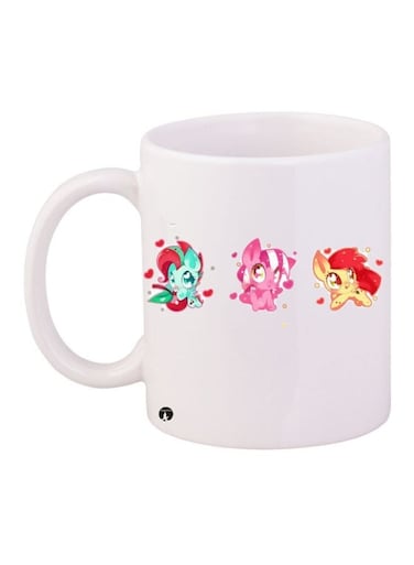 Cartoon Printed Coffee Mug White/Green/Pink 11ounce