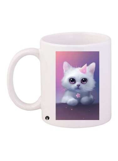 Cat Printed Coffee Mug White/Purple/Pink 11ounce