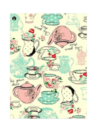 Kettle And Cup Themed Metallic Plate Yellow/Green/Pink 20x15cm