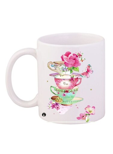 Tea Time Printed Coffee Mug White/Pink/Green