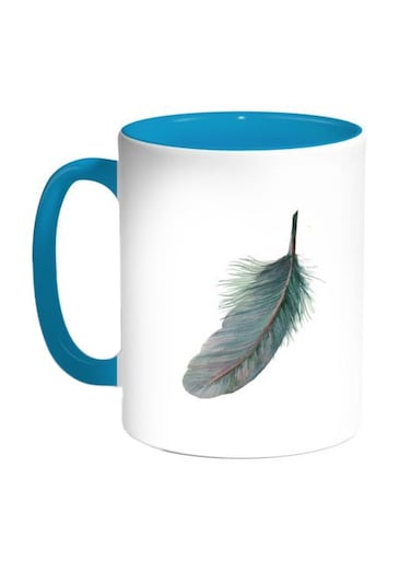 Bird Feather Printed Coffee Mug Blue/White/Green 11ounce