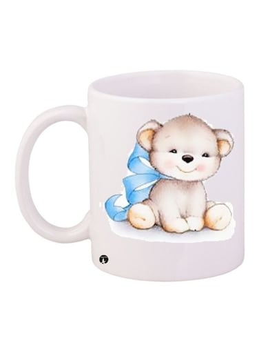 Teddy Bear Printed Coffee Mug White/Beige/Blue 11ounce