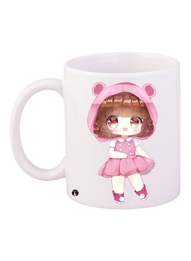 Cartoon Girl Printed Coffee Mug White/Pink/Brown 11ounce