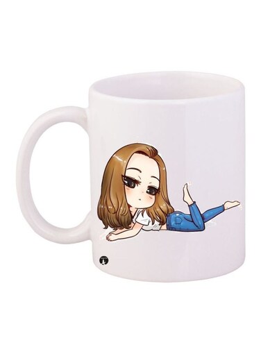 Cartoon Girl Printed Coffee Mug White/Brown/Blue 11ounce