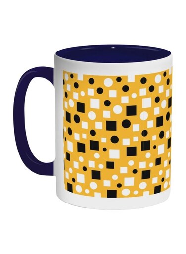 Squares And Circles Printed Coffee Mug Dark Blue/White/Yellow 11ounce