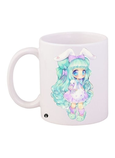 Cartoon Girl Printed Coffee Mug White/Green/Purple 11ounce
