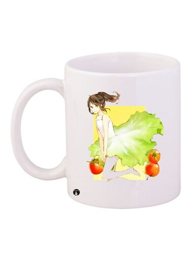 Anime Girl Printed Coffee Mug White/Green/Beige 11ounce