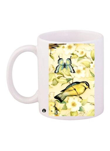 Bird Printed Coffee Mug White/Beige/Green 11ounce