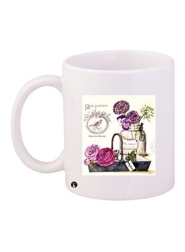 Rose Printed Coffee Mug White/Pink/Green 11ounce