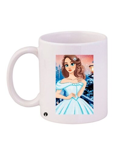 Woman Printed Ceramic Coffee Mug White/Blue/Beige 11ounce