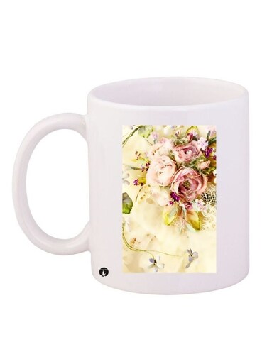 Flower Printed Coffee Mug White/Beige/Green 11ounce