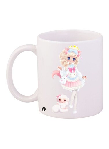 Cartoon Girl Printed Ceramic Coffee Mug White/Pink/Beige 11ounce