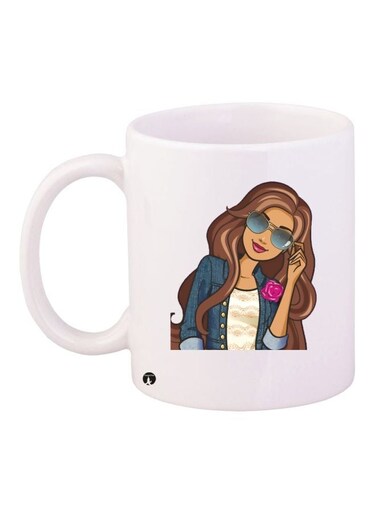 Cartoon Girl Printed Coffee Mug White/Brown/Blue 11ounce