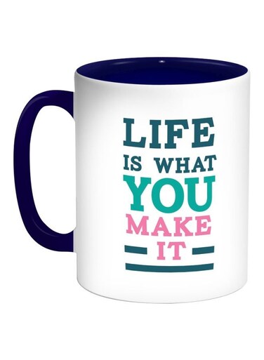 Life Is What You Make It Printed Coffee Mug Dark Blue/White/Green 325ml