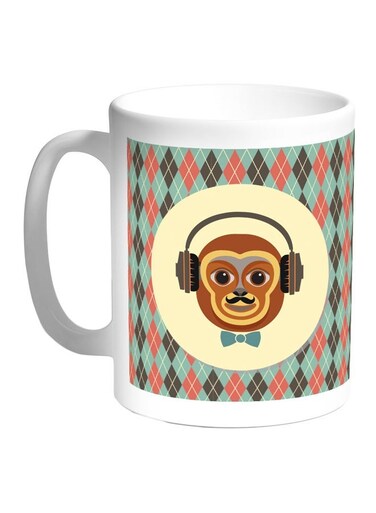 Cartoon Monkey Printed Coffee Mug White/Green/Brown 11ounce