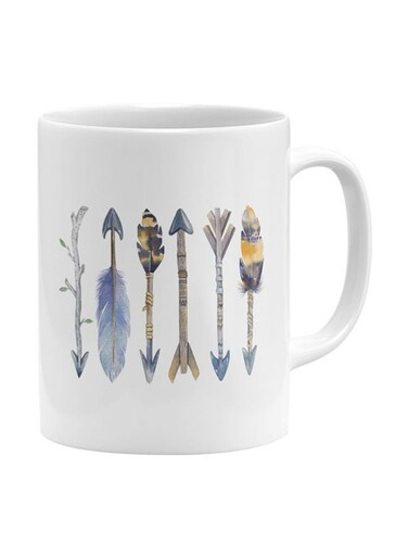 Native Indian Style Feather Arrows Printed Ceramic Coffee Mug White/Blue/Grey