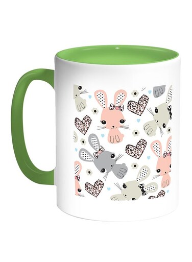 Cartoon Drawings - Rabbits Printed Coffee Mug White/Green 11ounce