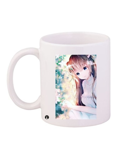 Anime Girl Printed Coffee Mug White/Green/Brown 11ounce