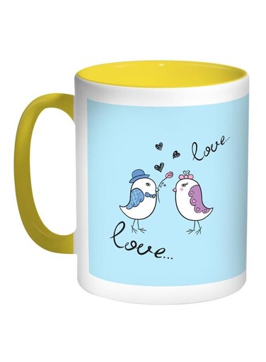 Love Birds Printed Coffee Mug Light Blue/White/Yellow 11ounce