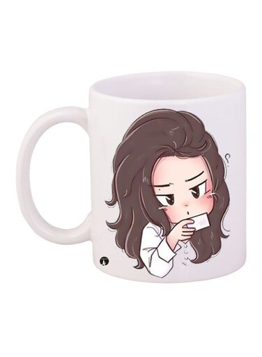 Cartoon Girl Printed Coffee Mug White/Beige/Brown 11ounce