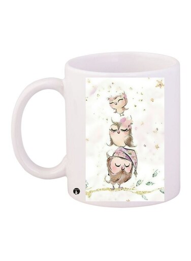 Owl Printed Coffee Mug White/Brown/Pink 11ounce