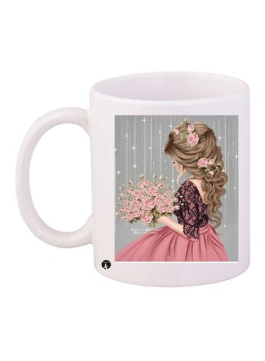 Cartoon Girl Printed Coffee Mug White/Grey/Pink 11ounce