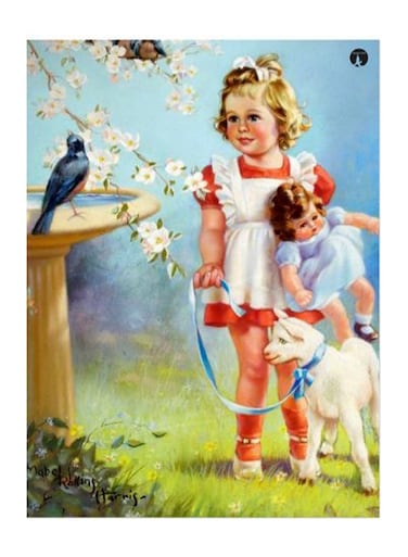 Little Girl Printed Decorative Metal Plate Beige/White/Red 15x20cm