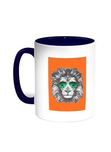 A Lion Wearing Glasses Printed Coffee Mug Blue/White 11ounce