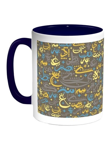Arabic Letters Printed Coffee Mug Blue/White/Grey 11ounce