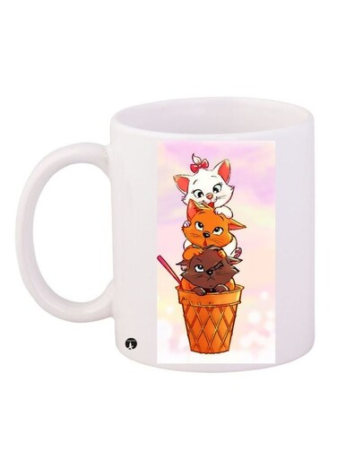 Cartoon Cats Printed Coffee Mug White/Pink/Brown 11ounce