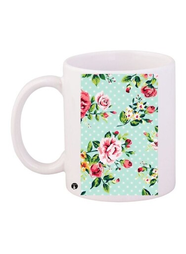 Rose Printed Coffee Mug White/Pink/Green 11ounce