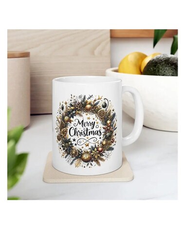 1pc 11OZ Ceramic Merry Christmas Coffee Mug - Double-Sided Printed Holiday Cup, Festive Gift for Men &amp; Women, Ideal for Office, Dorm, School - Seasonal Tea &amp; Coffee Mug white