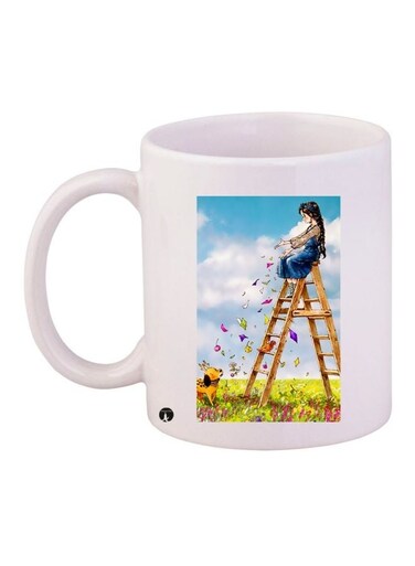 Cartoon Girl Printed Coffee Mug White/Blue/Green 11ounce