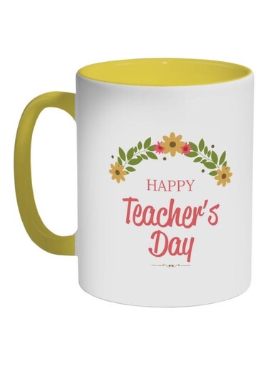 Happy Teachers Day Printed Coffee Mug White/Pink/Green 325ml