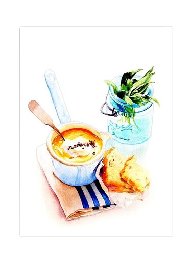 Dessert Dishes Watercolor Illustration Themed Metallic Plate White/Yellow/Green 20x15cm