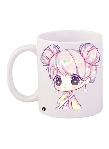 Cartoon Girl Printed Coffee Mug White/Pink/Beige 11ounce