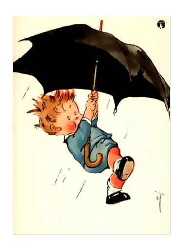 Kid With Umbrella Printed Decorative Plate Black/Blue/Brown 20x15cm