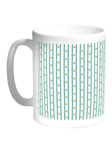 Lines and Circles Printed Coffee Mug White/Green/Orange 11ounce