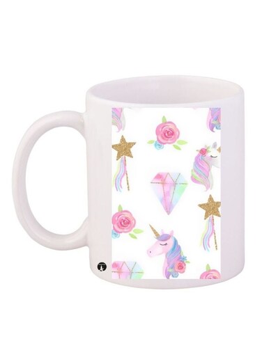 Doodle Printed Coffee Mug White/Pink/Blue 11ounce